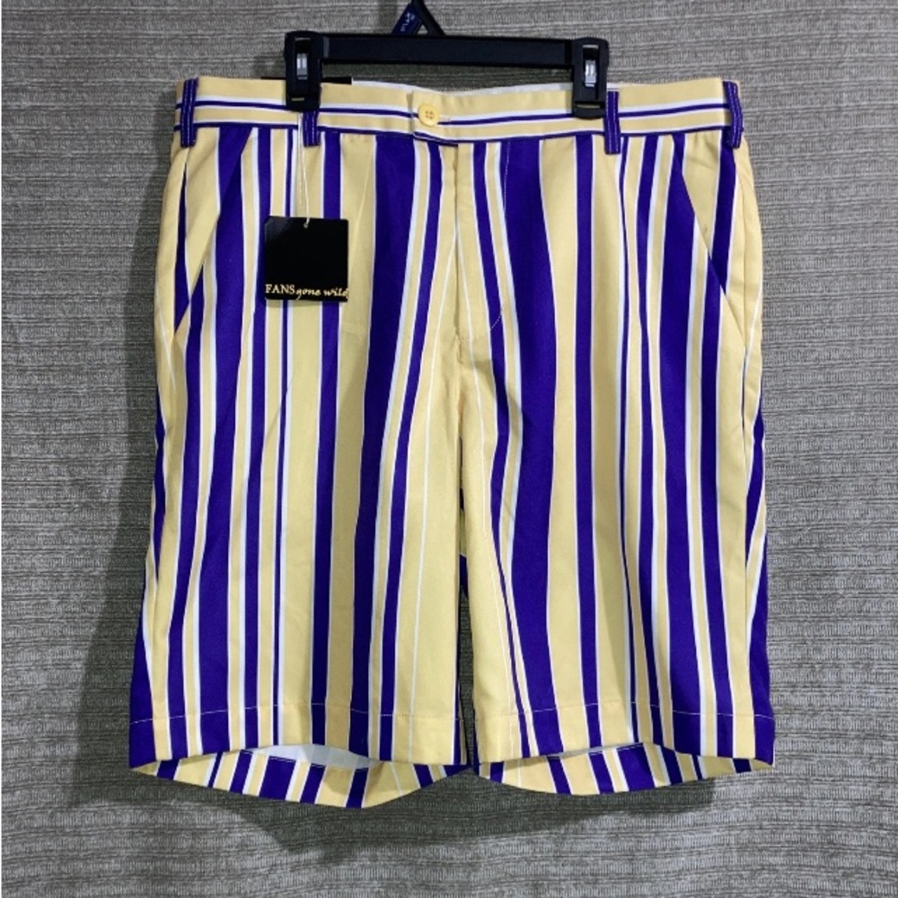 Vintage LA Lakers Fan Gone Wild Stripe Yellow & Purple Golf Shorts New Men’s 34